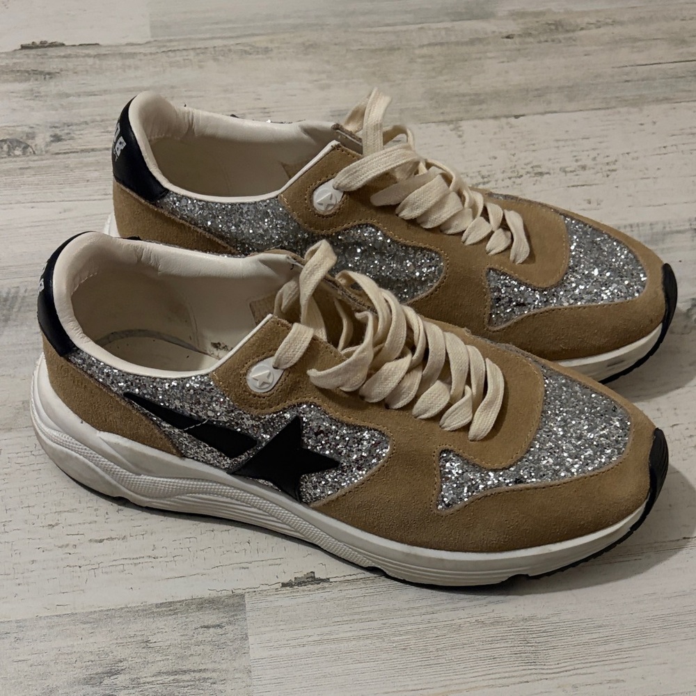 Golden Goose Tan and Silver Glitter Sneakers - Picture 4 of 16